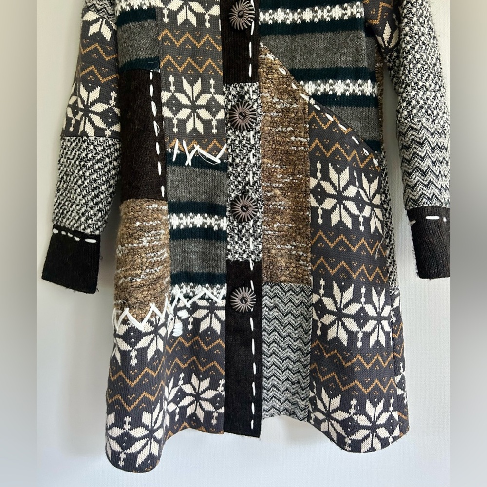 KESSLEY Patchwork Fair Isle Sweater Coat Boho Art Wear Nordic Lagenlook Sz Small - Picture 9 of 16
